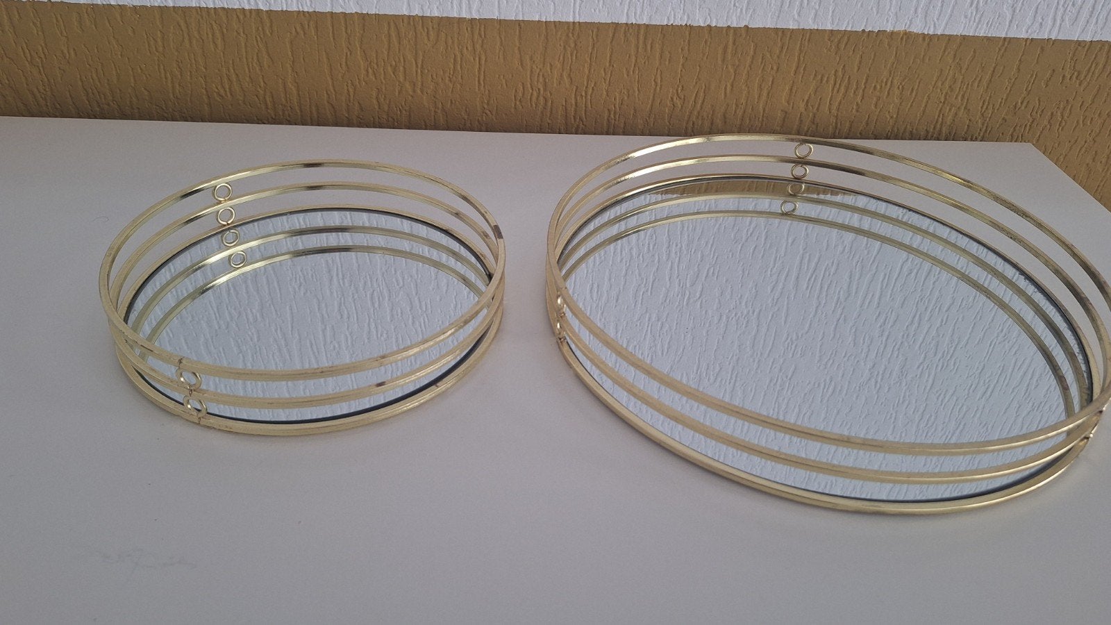 Set van 2 gouden dienbladen met spiegel, Gebruikt, Met spiegel, Rond, Ophalen of Verzenden