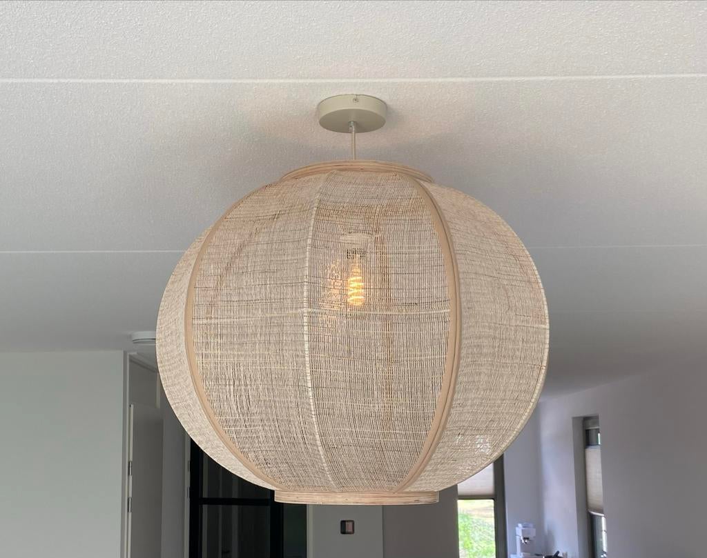 Grote Japandi Bol Hanglamp Hout en Stof - Ø 68 cm, Ophalen, Japandi, Gebruikt, 50 tot 75 cm