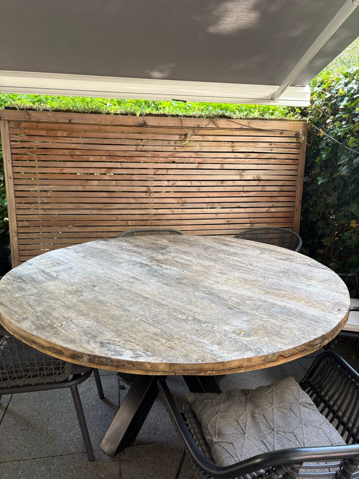 Ronde tuintafel met hardhouten blad en metalen onderstel, Ophalen of Verzenden, Gebruikt, Rond, Hout