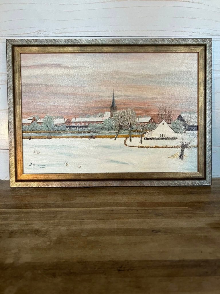 Sfeervol winters dorpsgezicht in goudkleurige lijst, Acrylverf, Doek, Ophalen of Verzenden, Gesigneerd