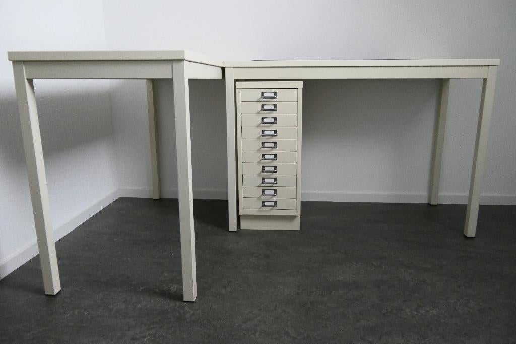 Vintage stalen bureau (tafels) + ladenblok, Ophalen, Gebruikt, Metaal, Overige typen