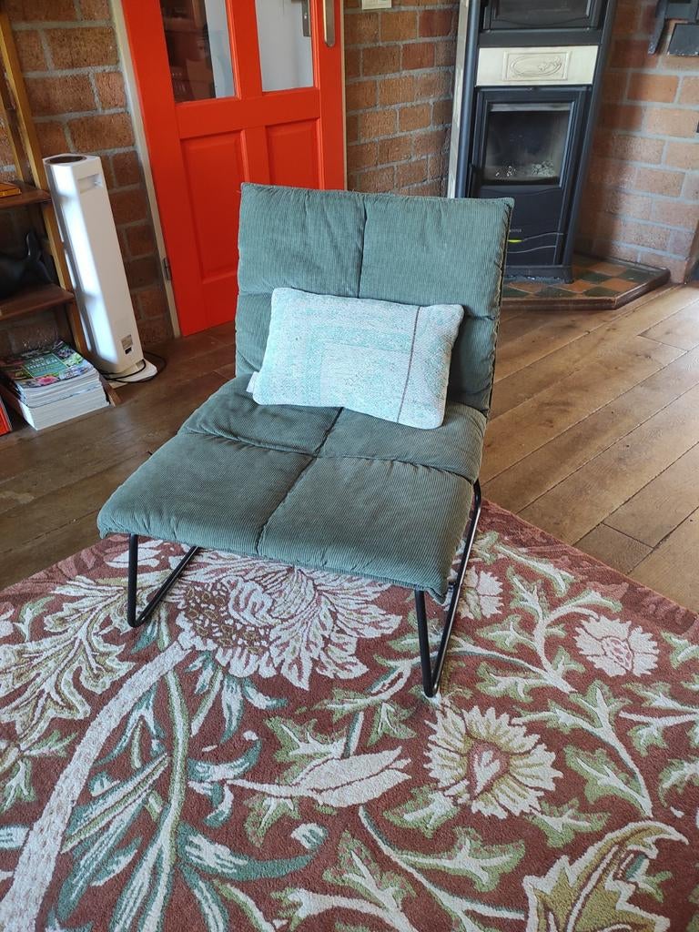 Donkergroene ribfluwelen fauteuil met zwart buisframe, Huis en Inrichting, Fauteuils, Ophalen, Gebruikt, 75 tot 100 cm, Stof