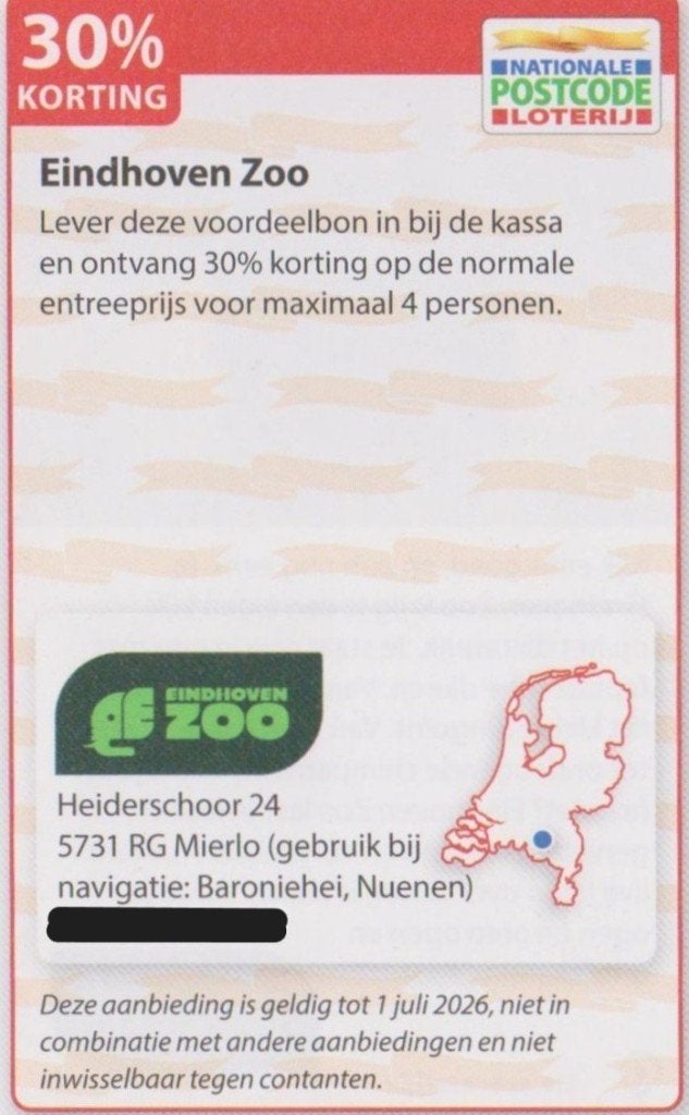 Eindhoven Zoo. 30% korting. Postcodeloterij voordeelbon., Tickets en Kaartjes, Recreatie | Pretparken en Attractieparken, Drie personen of meer
