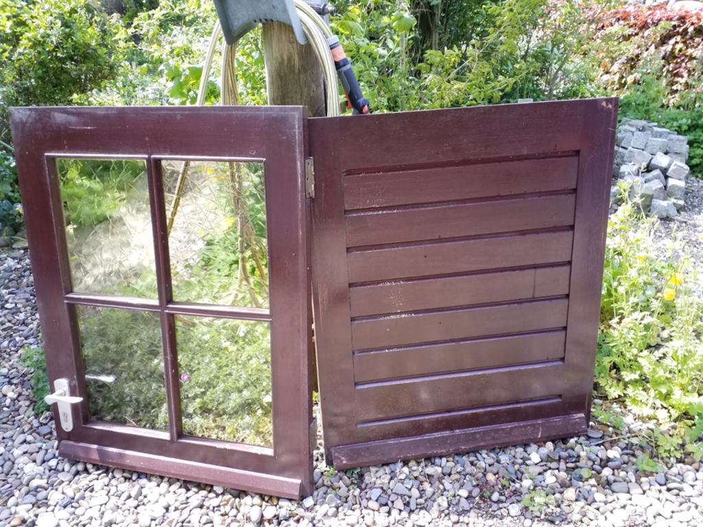Hardhouten dubbele deur 202 x 83 cm met hang-,en sluitwerk, Ophalen, Gebruikt, 200 tot 215 cm, Glas