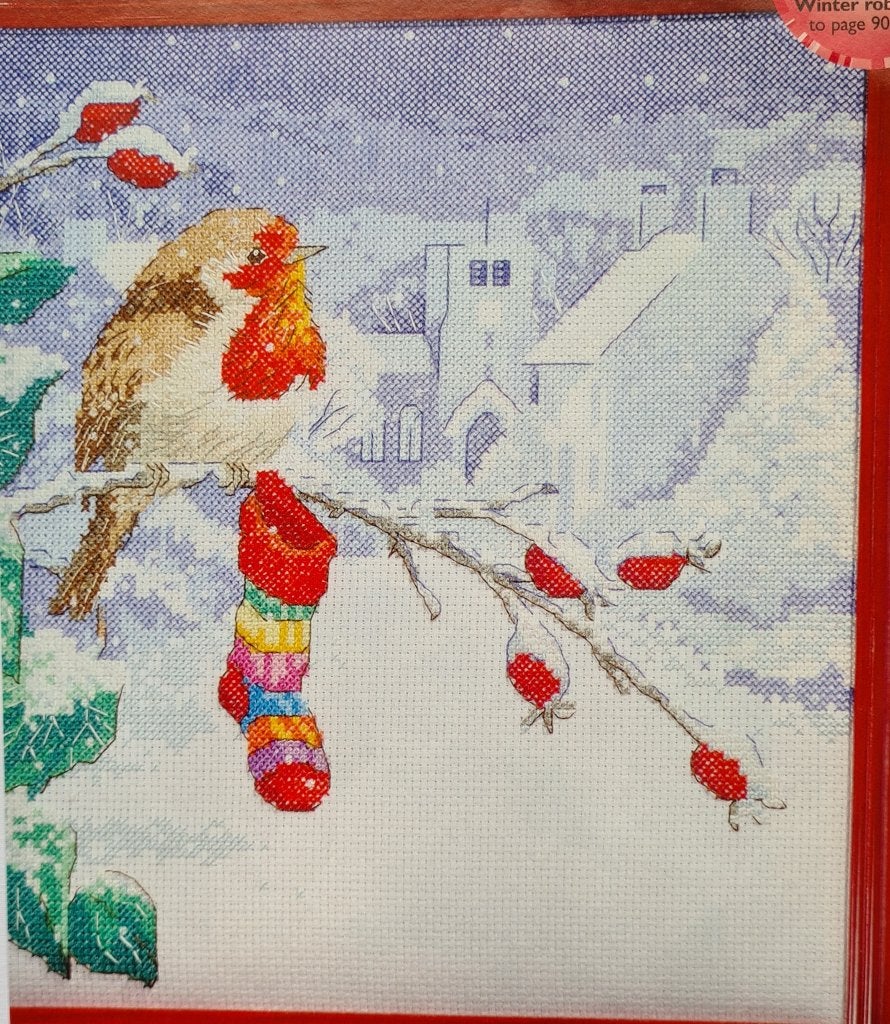 Winter roodborstje op tak in de sneeuw Kerst borduurpatroon, Ophalen, Nieuw, Handborduren, Patroon