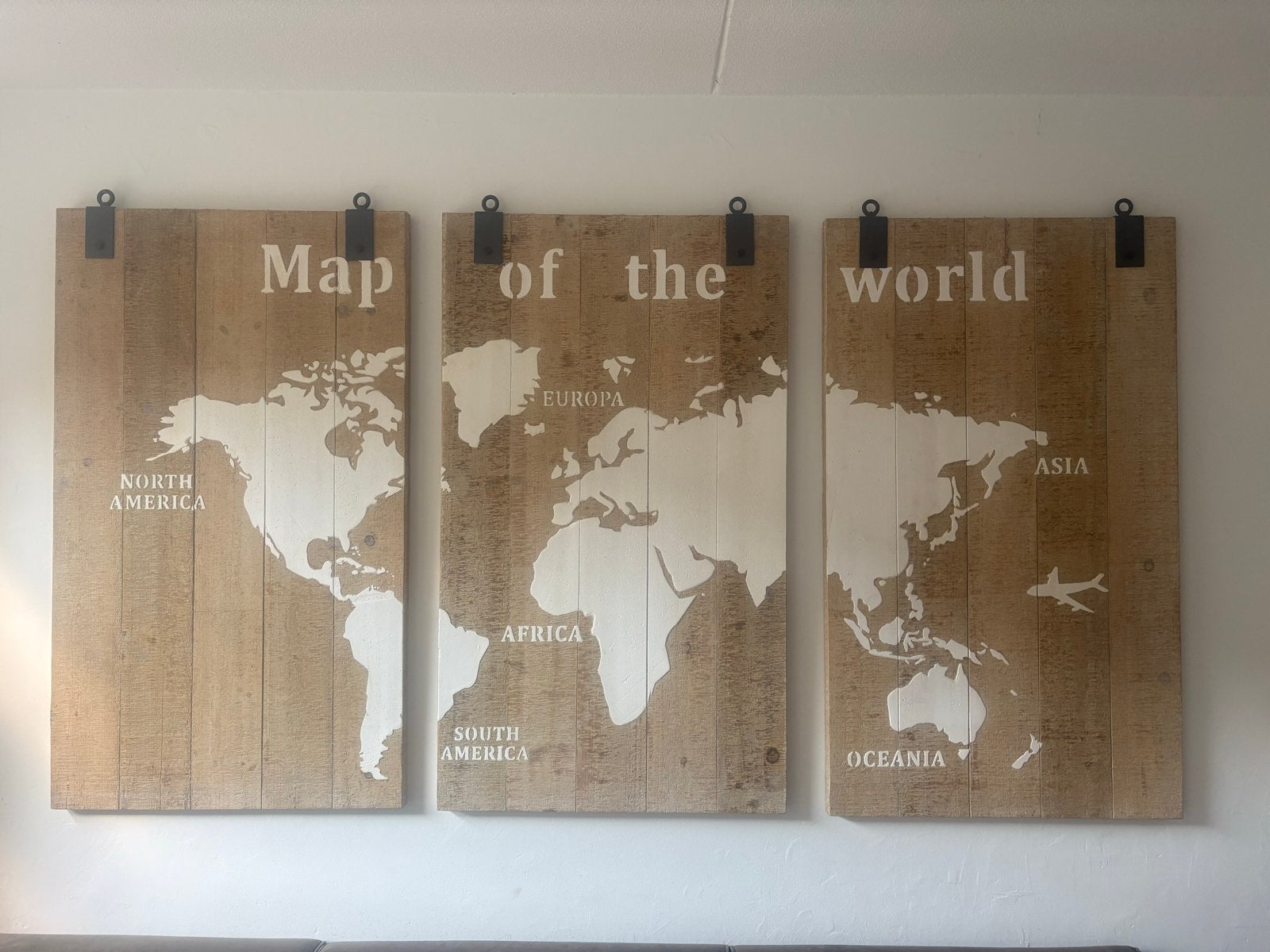 Houten wereldkaart wanddecoratie (3 panelen), Ophalen, Hout, Zo goed als nieuw, Bruin