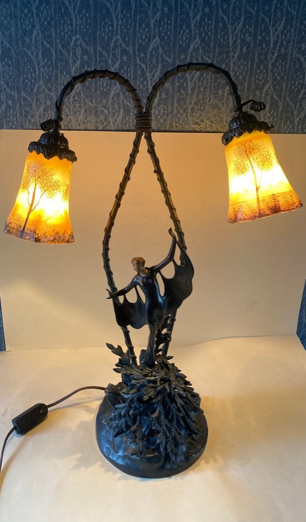 Art-Nouveau bronzen tafellamp, (Hippolyte Moreau), Ophalen of Verzenden