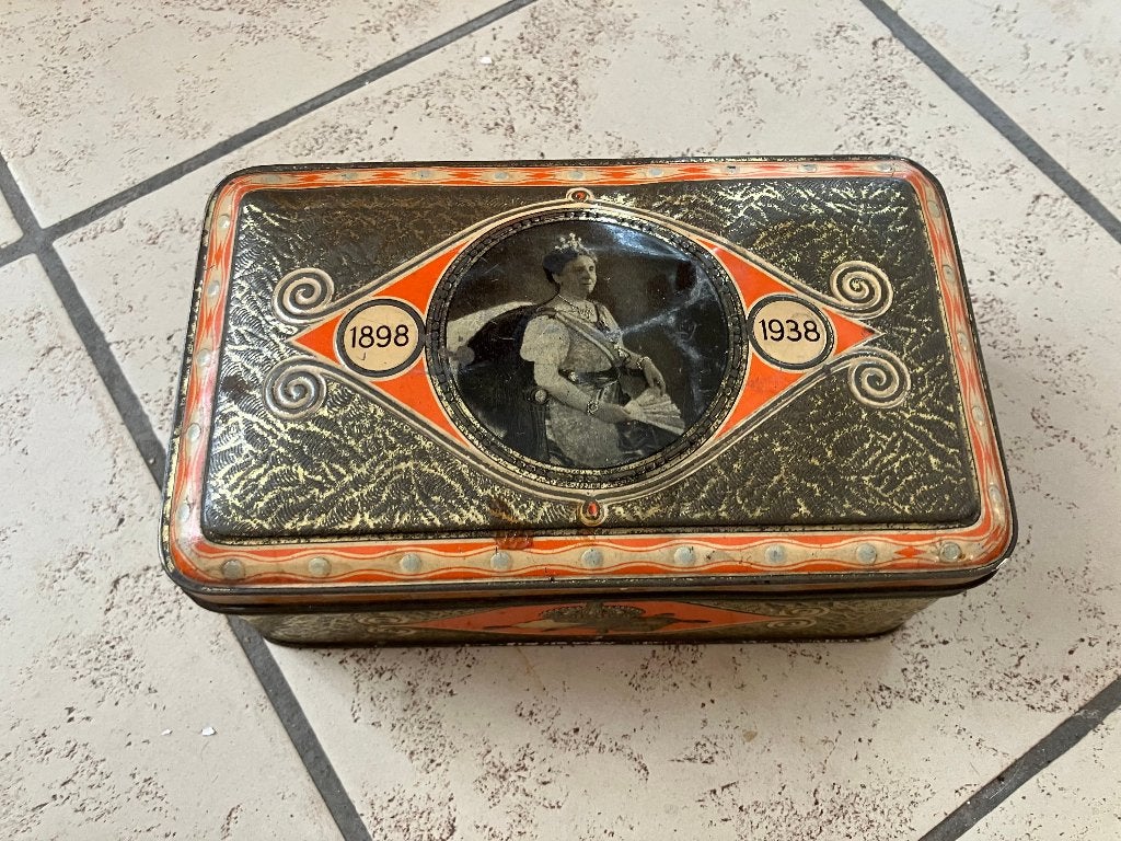 Vintage blik Koningin Wilhelmina 40-jarig jubileum 1898–1938, Ophalen of Verzenden, Gebruikt, Overige