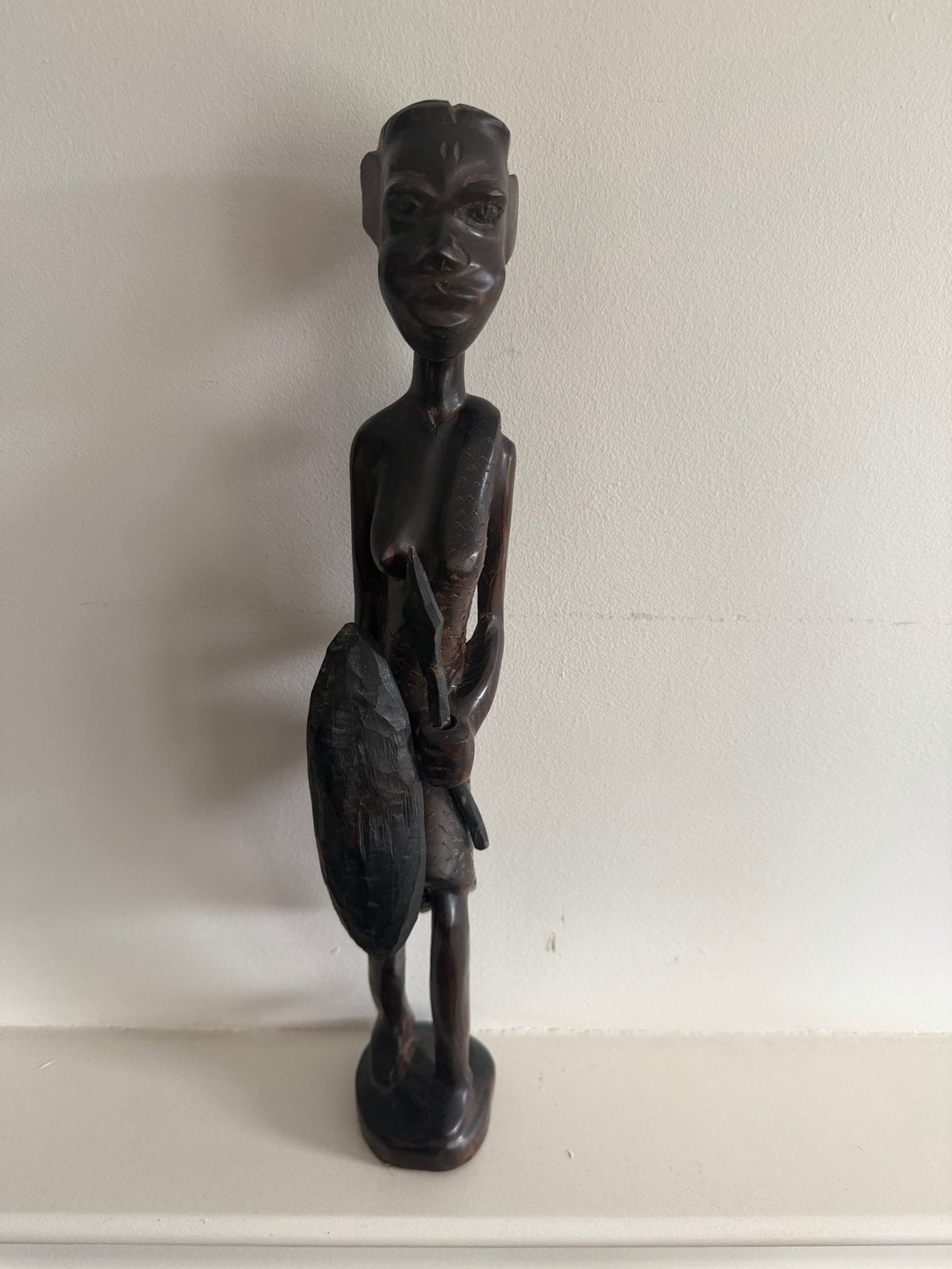 Vintage Afrikaans Houten Beeldje - Krijger met Schild, Bruin, Afrika, Ophalen, Hout