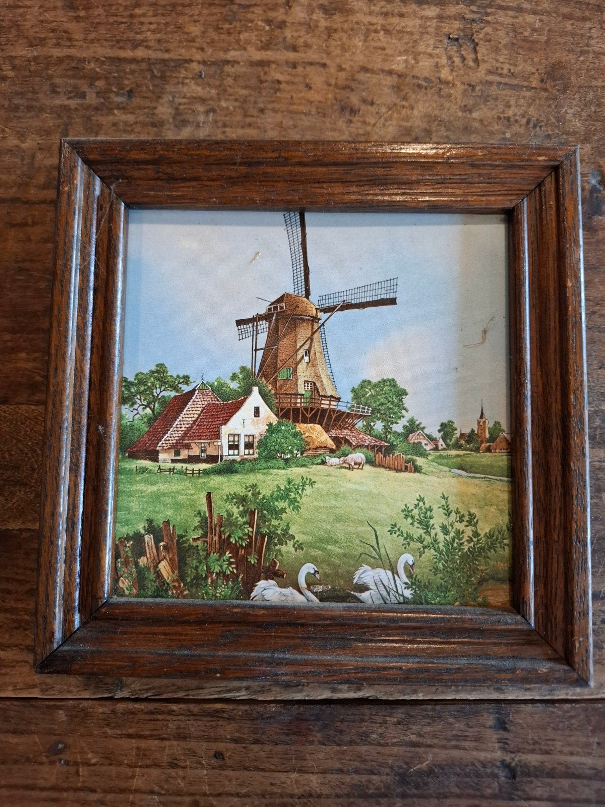 Vintage Hollandse tegel met molen en zwanen in lijst, Ophalen