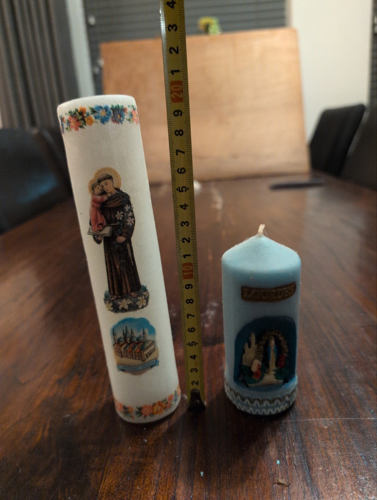 Set van 2 religieuze kaarsen: Lourdes en Sint Antonius, Gebruikt, Meerkleurig, Was, Ophalen of Verzenden