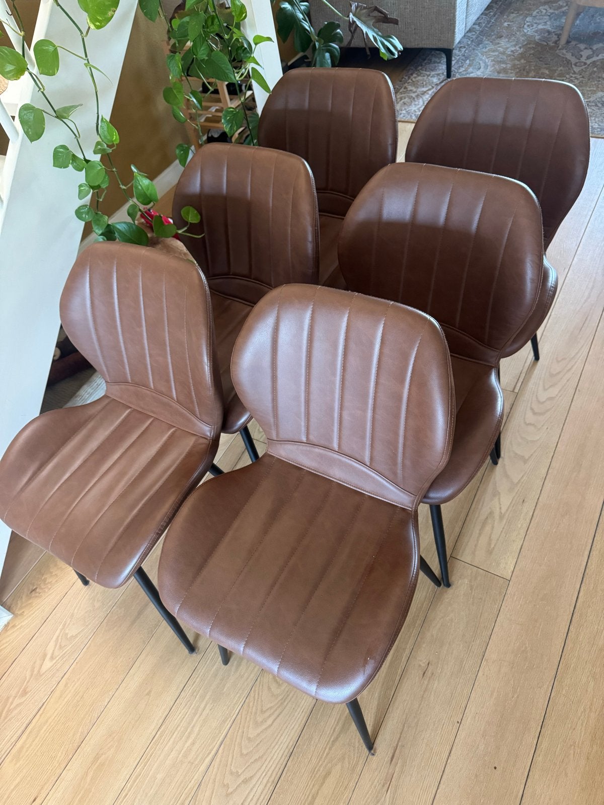 Set van 6 cognac stoelen met metalen poten Kwantum Leer look, Ophalen, Kunststof, Bruin, Leer/ Leder
