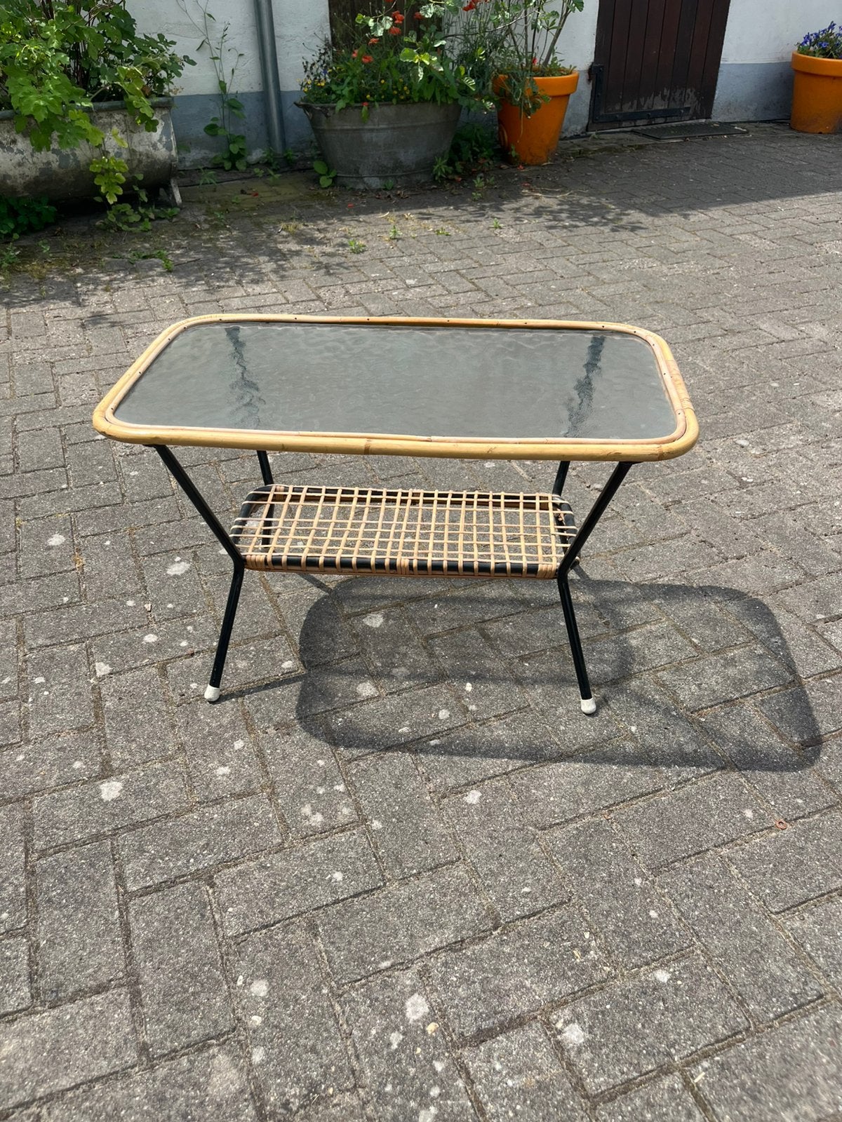 Retro bamboe salontafel glas rotan jaren 60 €45 vintage, Ophalen of Verzenden, Huis en Inrichting