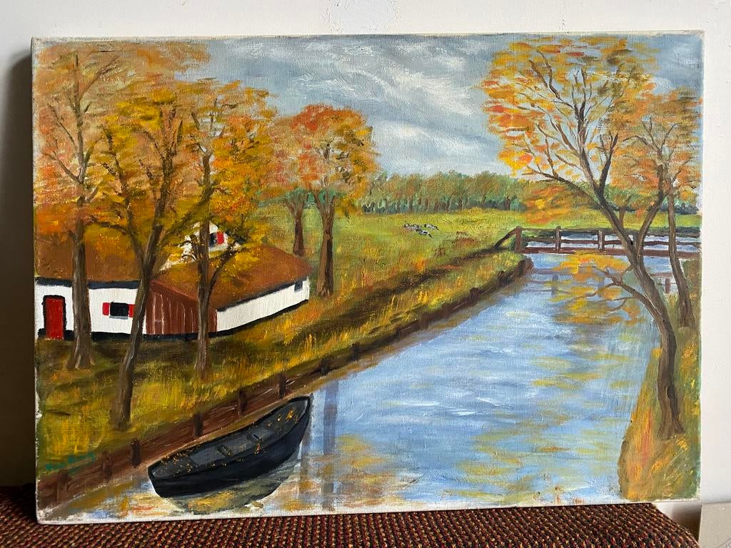 Landschap met boerderij aan het water, Antiek en Kunst, Ophalen of Verzenden
