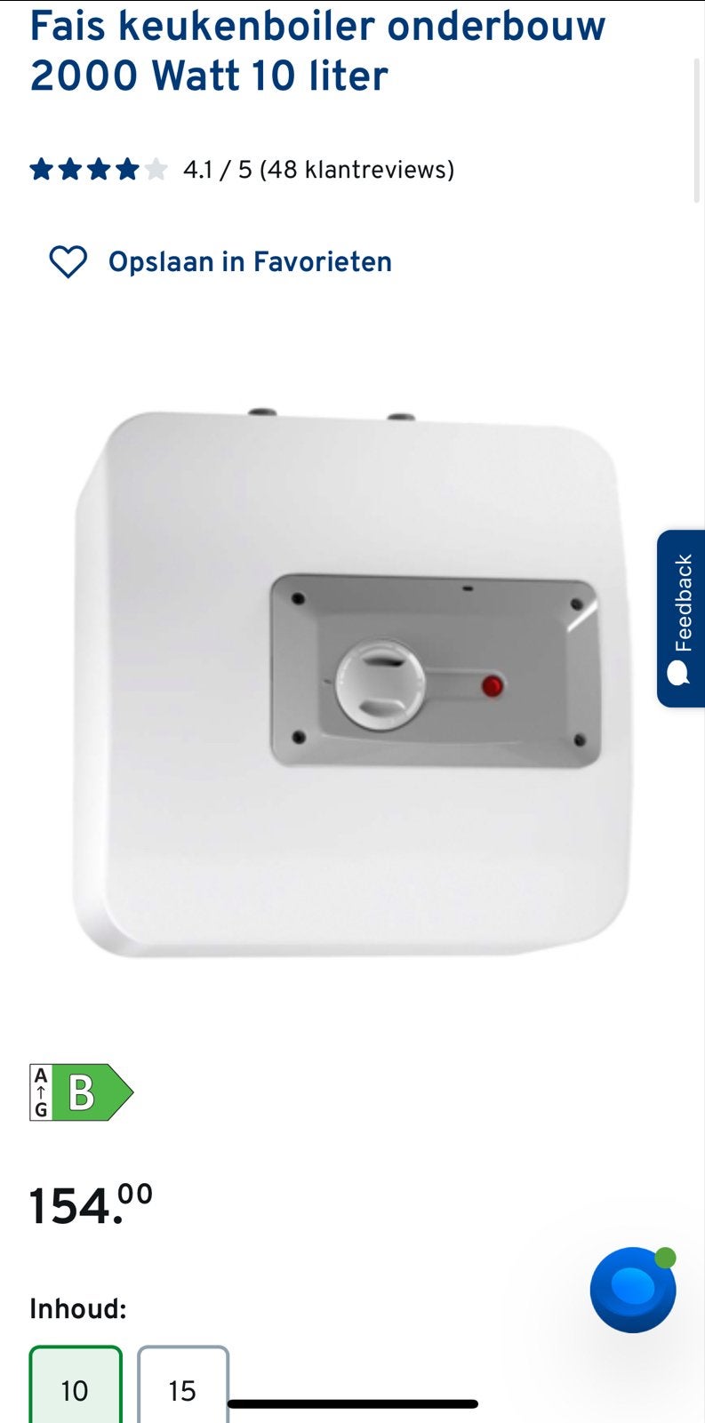 Nieuwe Fais keukenboiler onderbouw 2000W 10 liter, Ophalen, Nieuw, Boiler, Minder dan 3 jaar oud