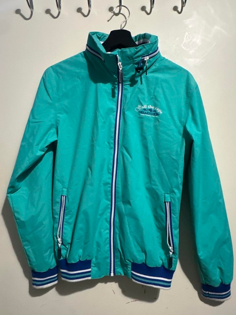 Turquoise jas met 'Sail the Cape' en 'Seashore Beach' print, Ophalen of Verzenden, Zo goed als nieuw, Maat 38/40 (M), Groen