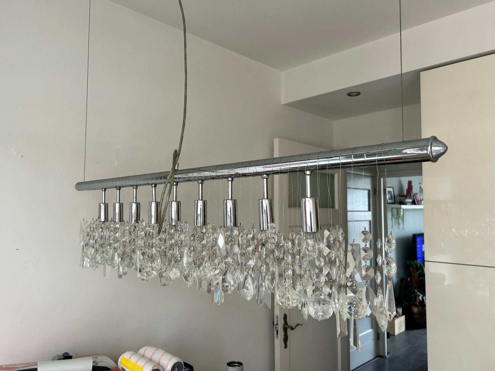 Kroonluchter met glazen ornamenten, Ophalen, Gebruikt, Glas