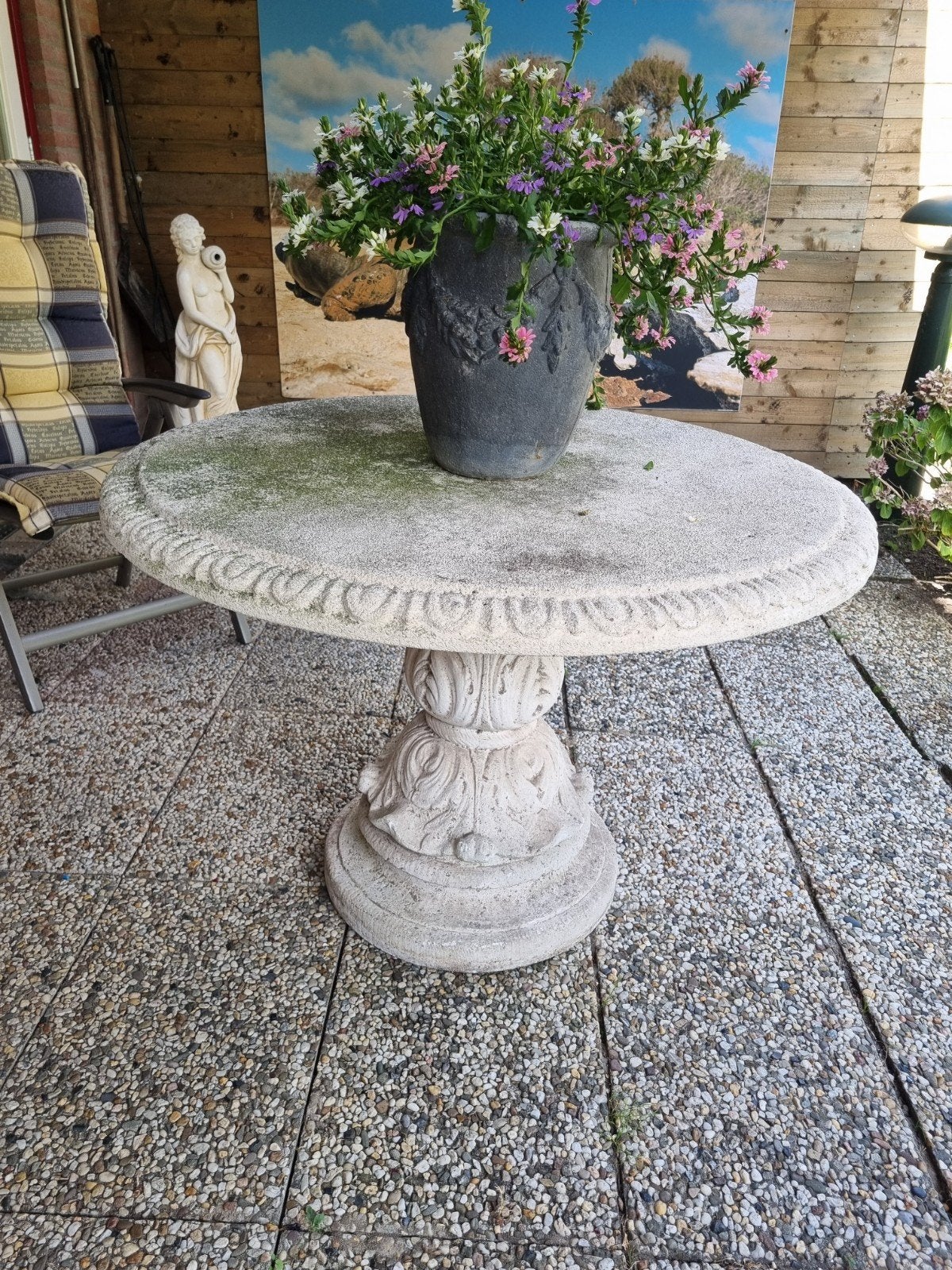 Zware klassieke stenen tuintafel, Tuin en Terras, Ophalen, Gebruikt, Rond