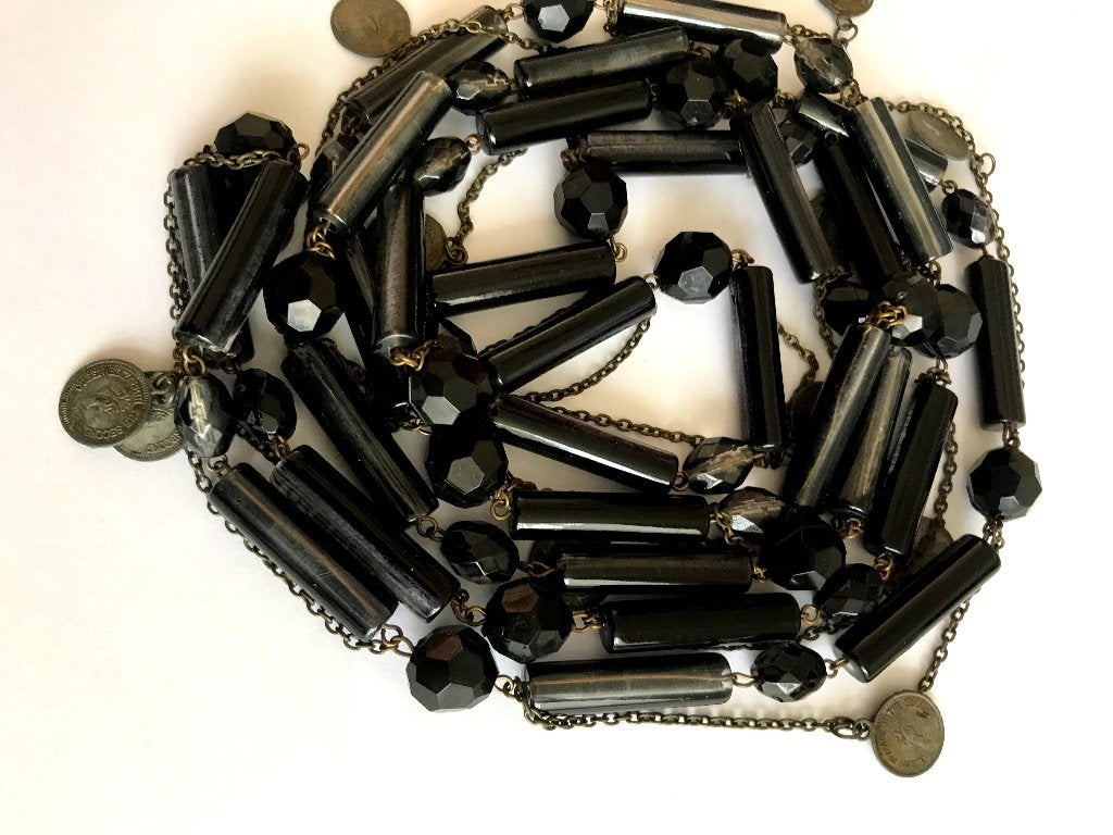 Unieke Tsjechisch zwart glas en kralen en munten ketting, Verzenden, Zo goed als nieuw, Zwart, Overige materialen