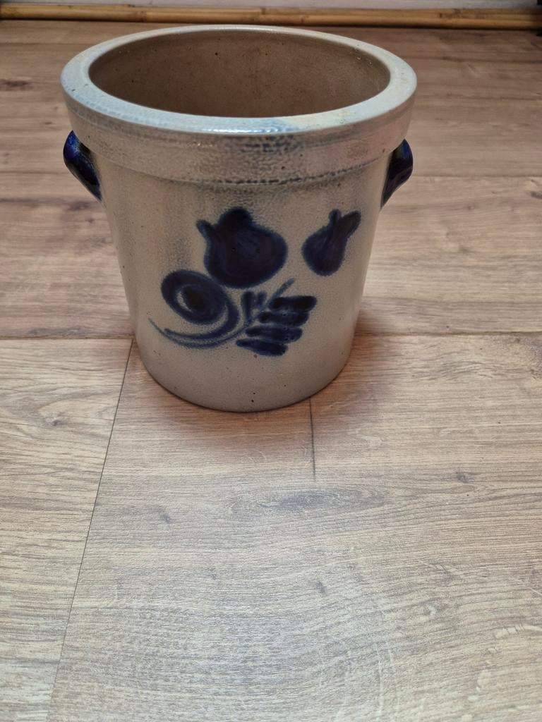 Vintage aardewerk pot met blauw decor - 16x16 cm, Antiek en Kunst, Antiek | Keramiek en Aardewerk, Ophalen of Verzenden