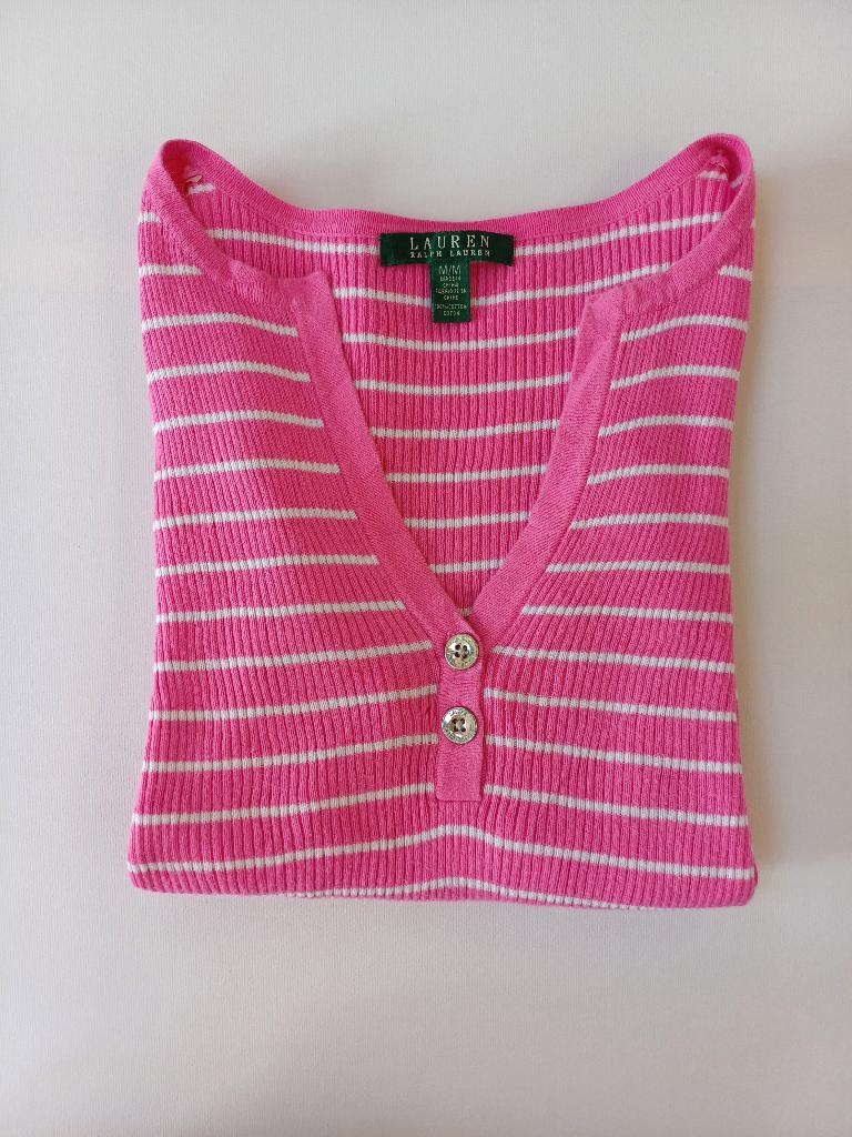 Lauren Ralph Lauren "Kerwyn" Henley Trui – Pink Stripe, Maat 38/40 (M), Ophalen of Verzenden, Zo goed als nieuw, Ralph Lauren