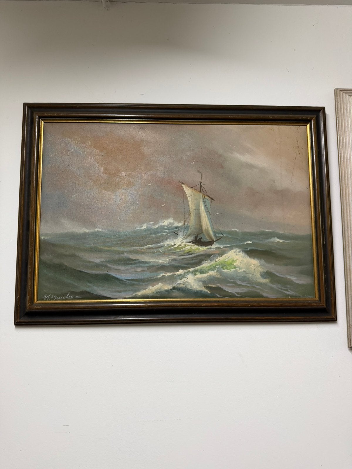 Schilderij zeilschip op zee – gesigneerd – ingelijst, Ophalen