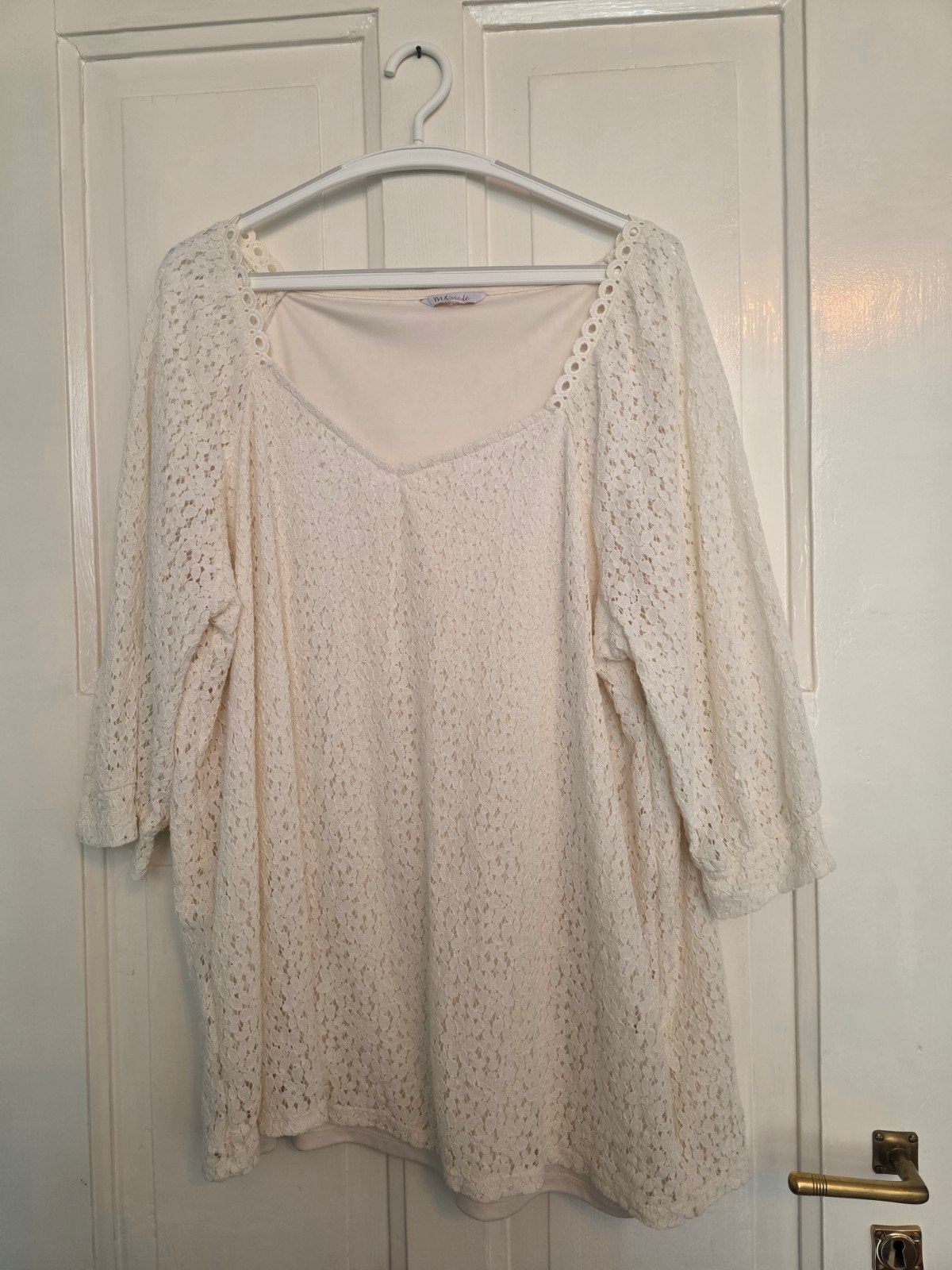 MS Mode shirt beige/wit met kant maat 50, Kleding | Dames, T-shirts, Beige, Maat 46/48 (XL) of groter, Ophalen of Verzenden, Korte mouw