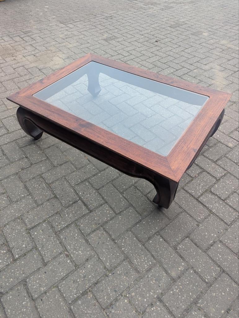 Houten glazen salon tafel, Ophalen, 100 tot 150 cm, 50 tot 100 cm, Minder dan 50 cm