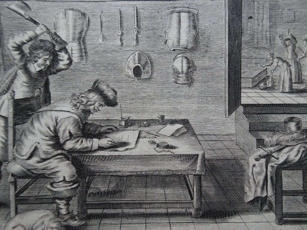 Kopergravure bijlmoord op schrijvende man, 17e eeuw, Dagelijks leven, Ophalen of Verzenden, Gravure, Origineel
