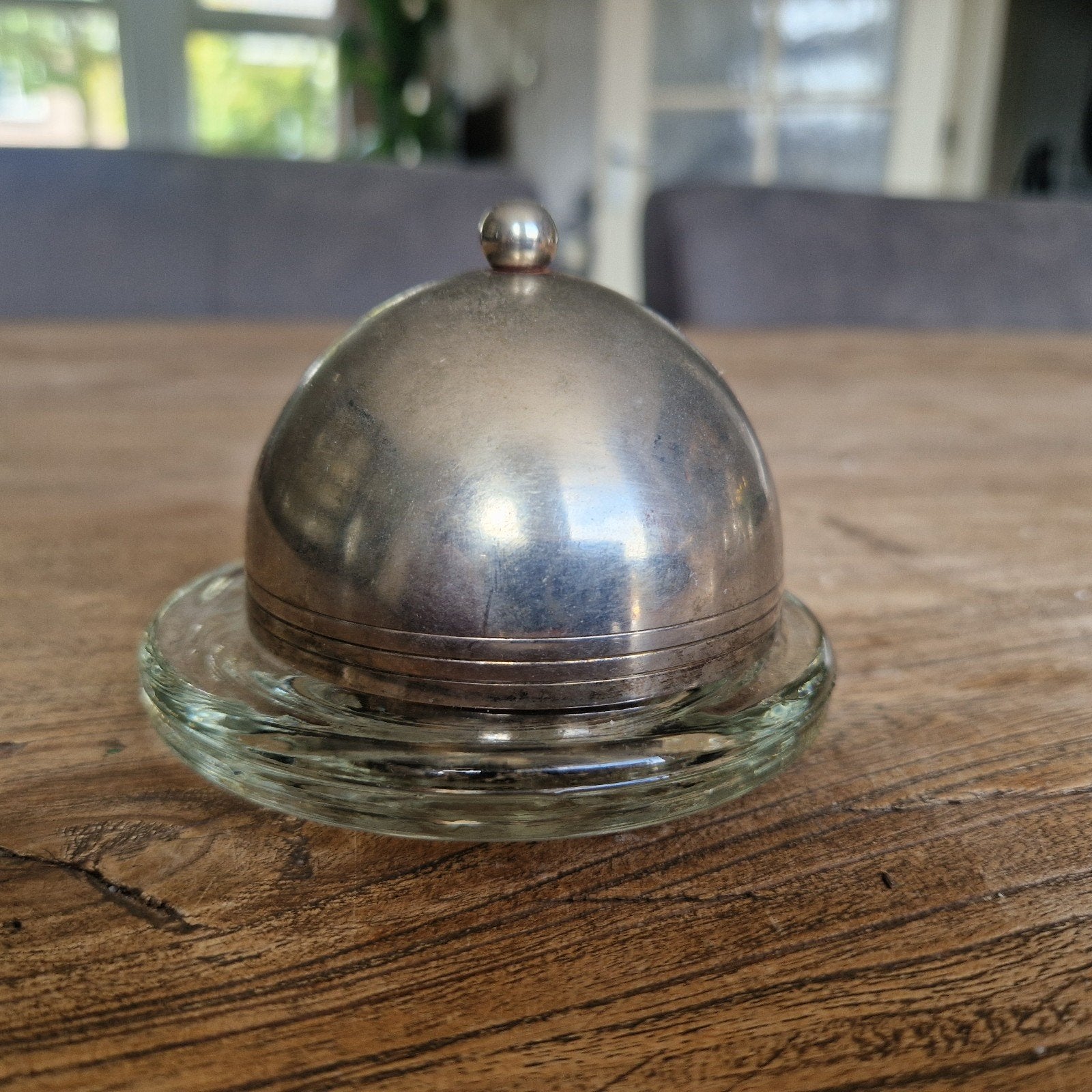Vintage botervloot van glas en metaal, Zilver, Ophalen of Verzenden, Glas, Overige typen