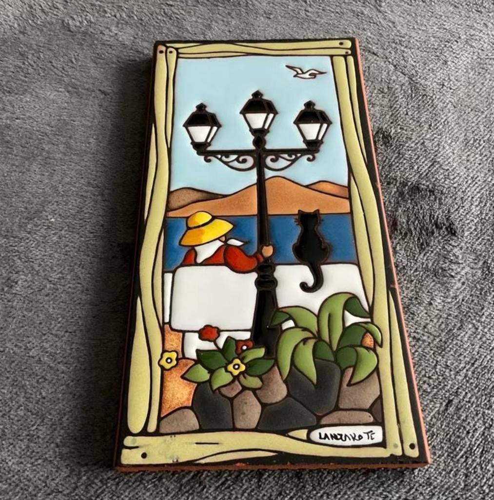 Decoratief vintage tegeltje Lanzarote - Kat en zeezicht, Ophalen of Verzenden