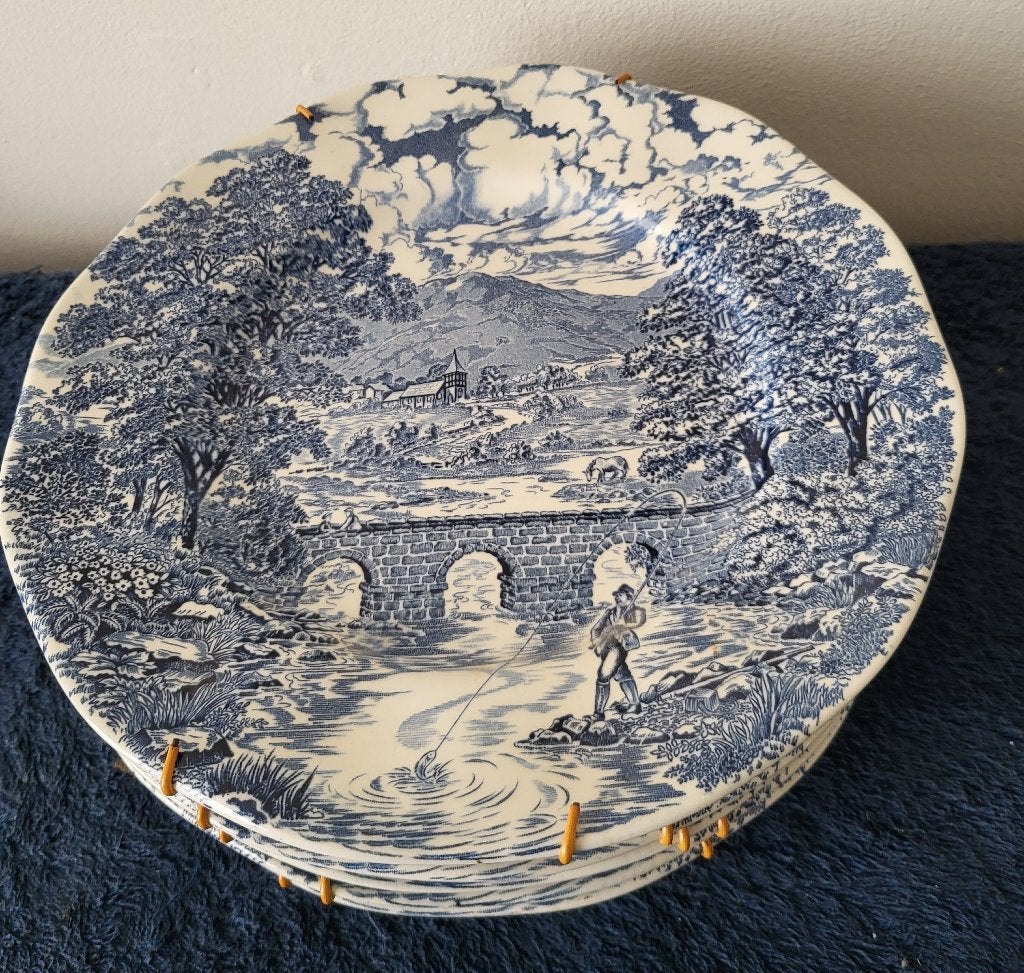 5 engelse Crown Ducal bridge scènes borden blauw wit, Ophalen, Overige materialen, Zo goed als nieuw, Bord(en)