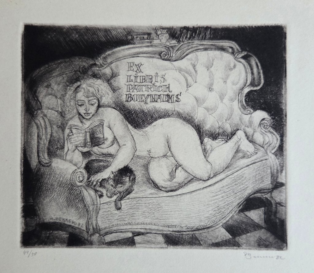 Exlibris D. Bekker, 1982, liggend naakt met boek en kat, Verzenden