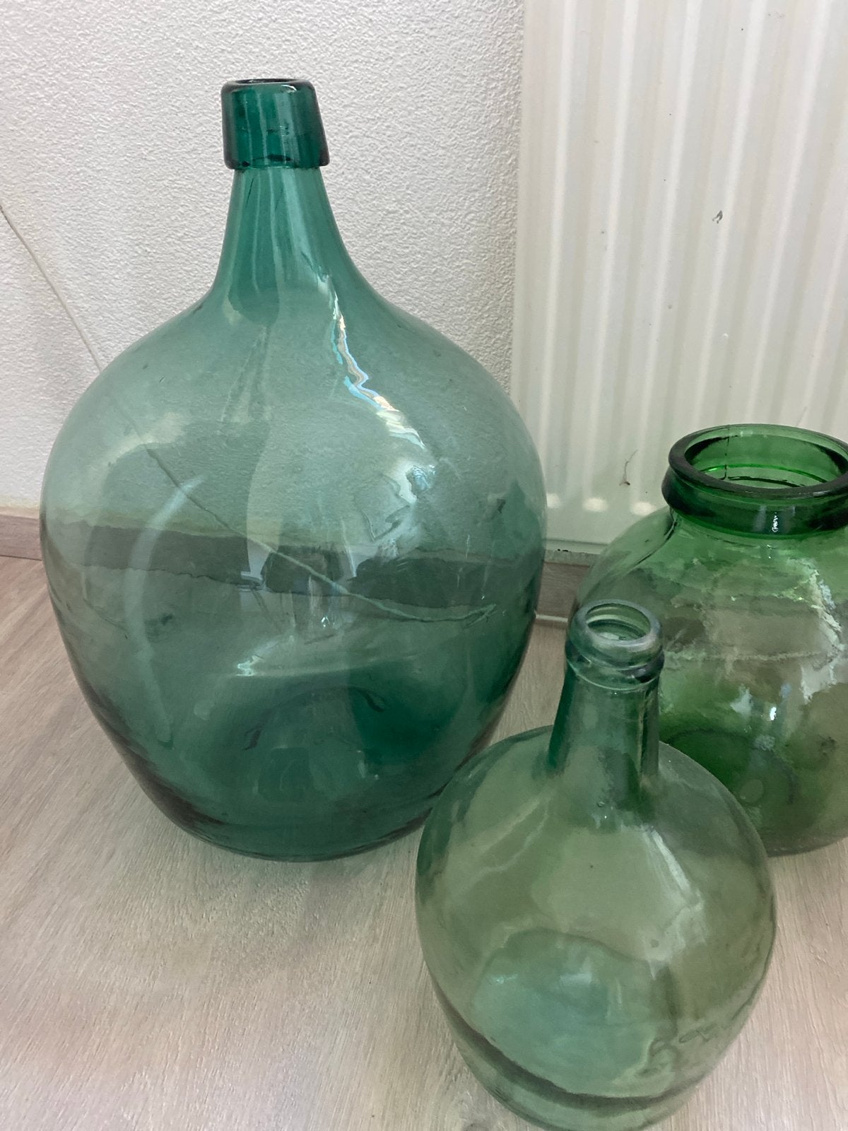 Set van 3 Groene Glazen Flessen/Vazen - Decoratief, Ophalen of Verzenden