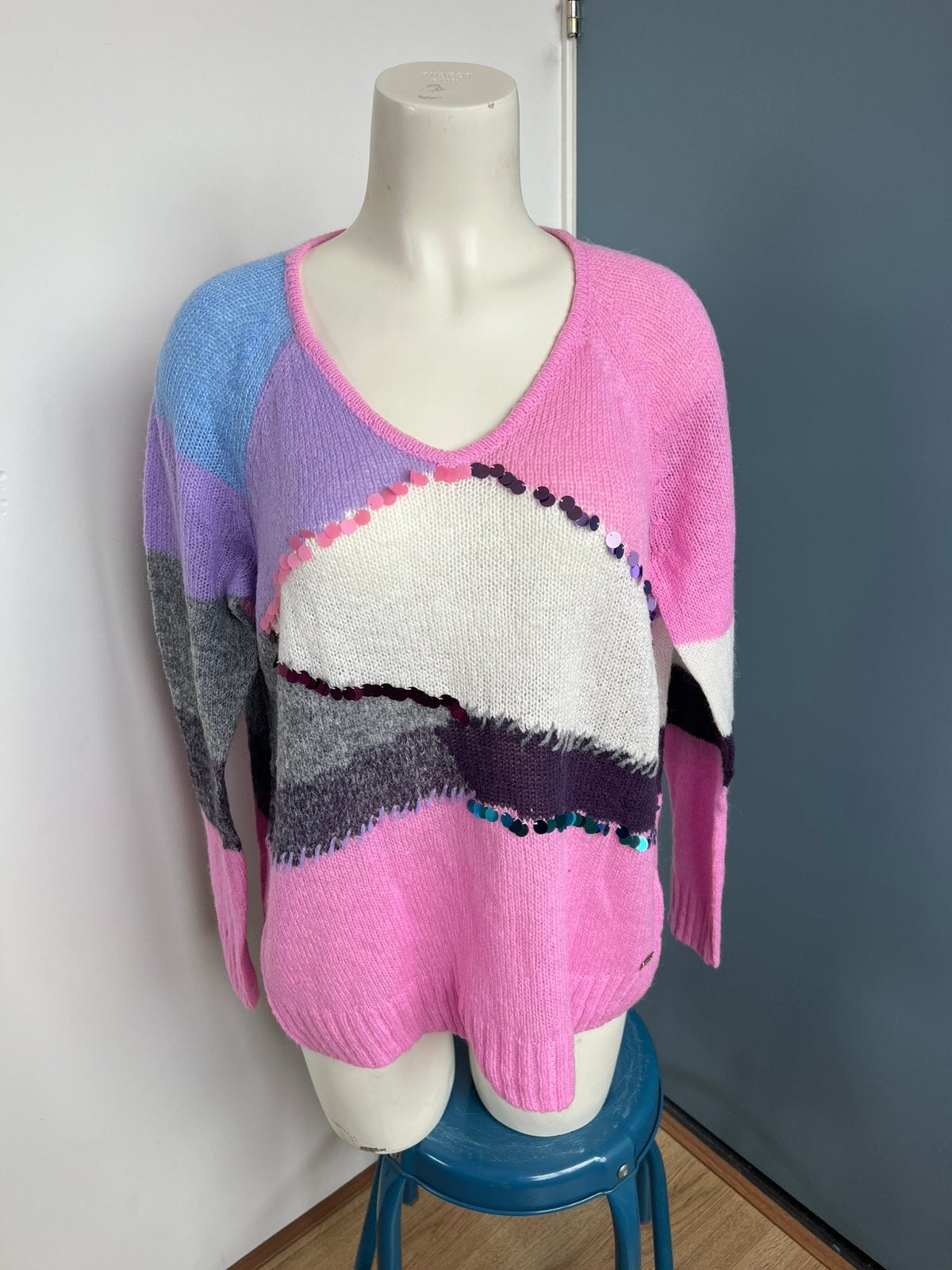 Amy vermont 44 roze lichtblauw gebreide trui met wol wollen, Maat 42/44 (L), Ophalen of Verzenden, Zo goed als nieuw, X