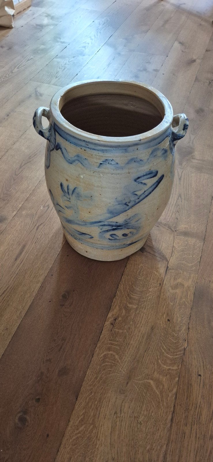 Grote originele aardewerken Keulse pot met blauwe decoratie, Ophalen