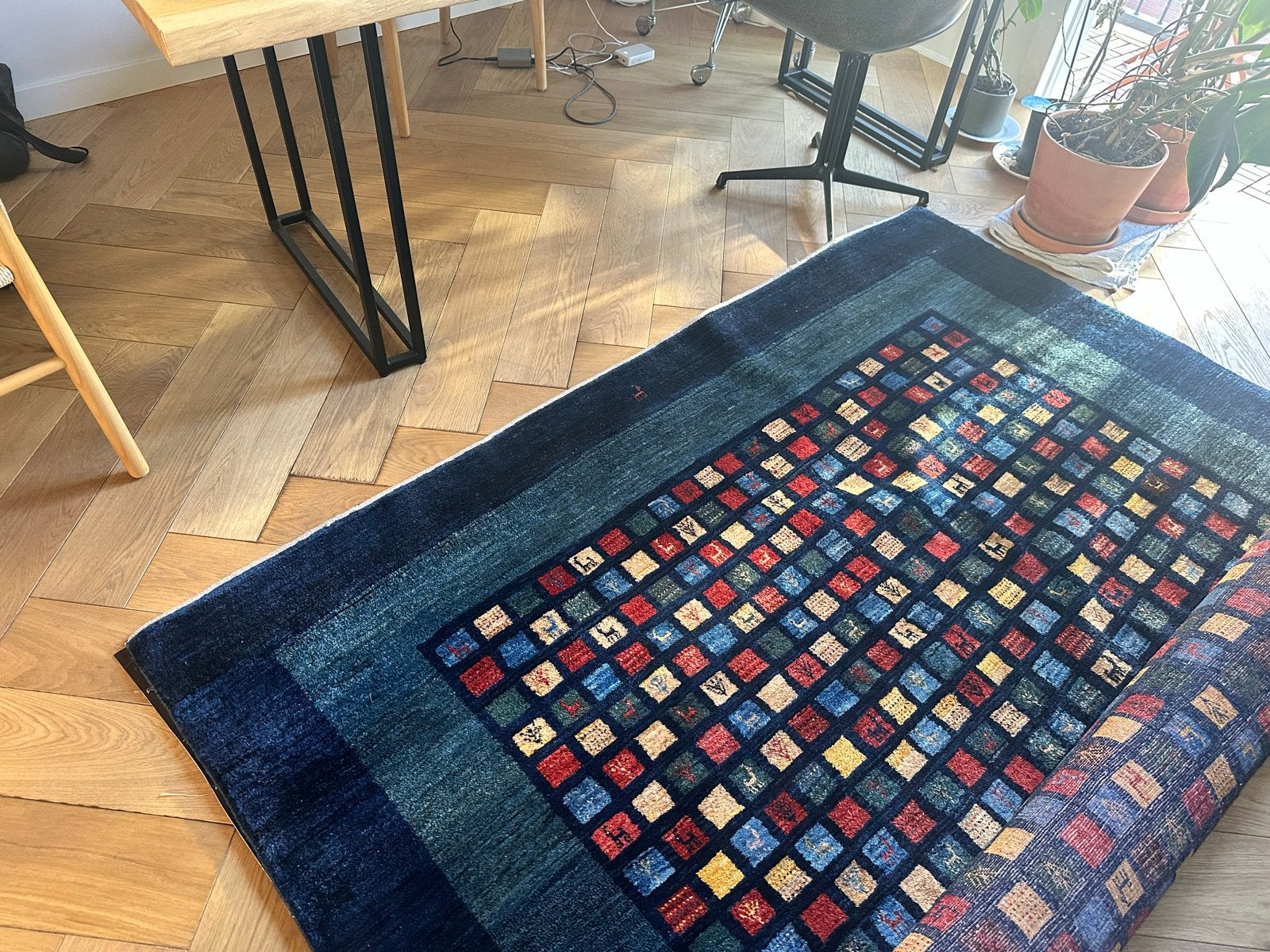 Handgeknoopt Perzisch Gabbeh tapijt - wol - 200 x 255 cm, Ophalen, Blauw, Zo goed als nieuw, 200 cm of meer