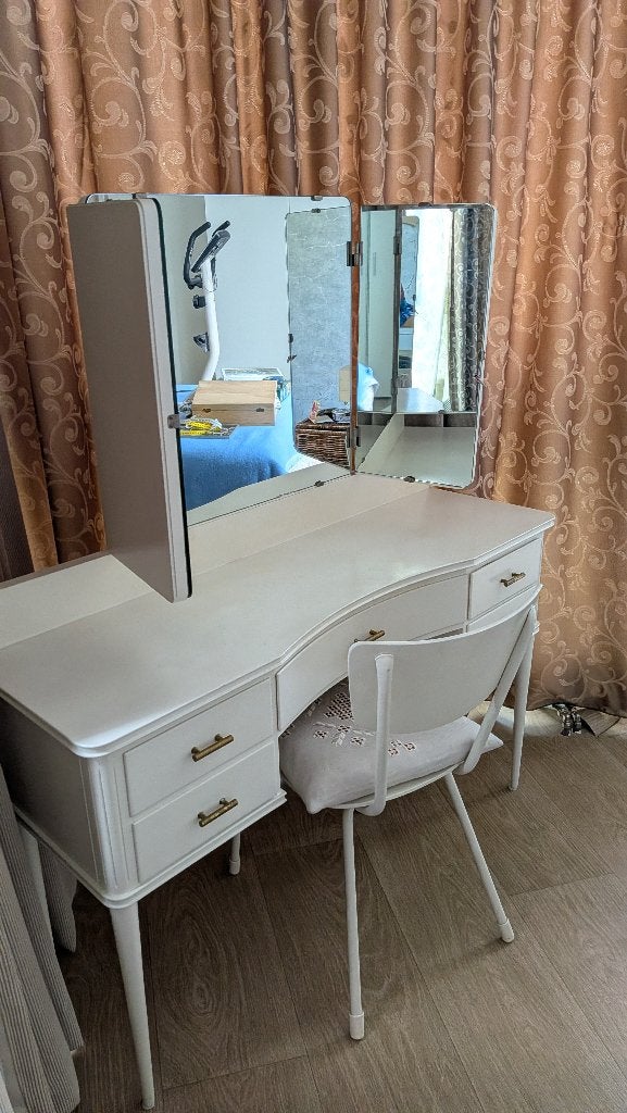 Vintage kaptafel met drieluik spiegel en bijpassende stoel, Ophalen, Gebruikt, 100 tot 150 cm, 100 tot 150 cm