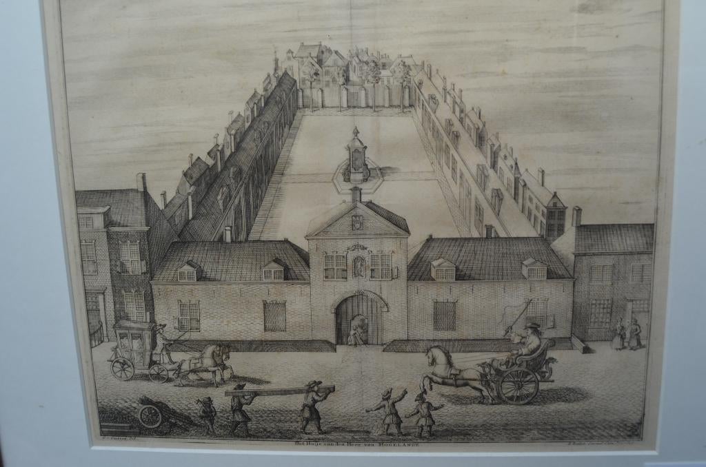 Ets/kopergravure Hofje van Hogelande Den Haag 18e eeuw, Ingelijst, Ets, Stadsgezicht, 58 cm