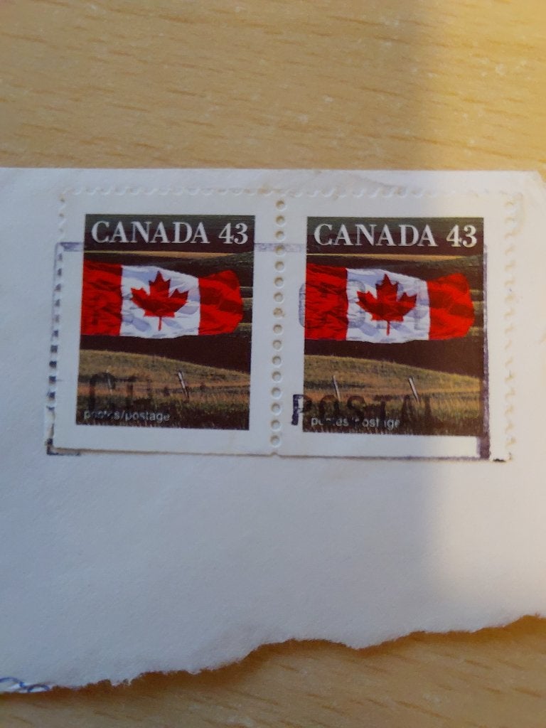 Canada vlag paar van 2st. Onderzijde ongetand, Verzenden, Gestempeld, Noord-Amerika