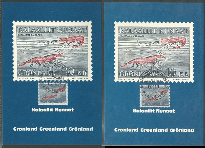 GROENLAND 1982 2x 10Kr. Garnalen op Maximumkaarten., Verzenden, Gestempeld, Dier of Natuur