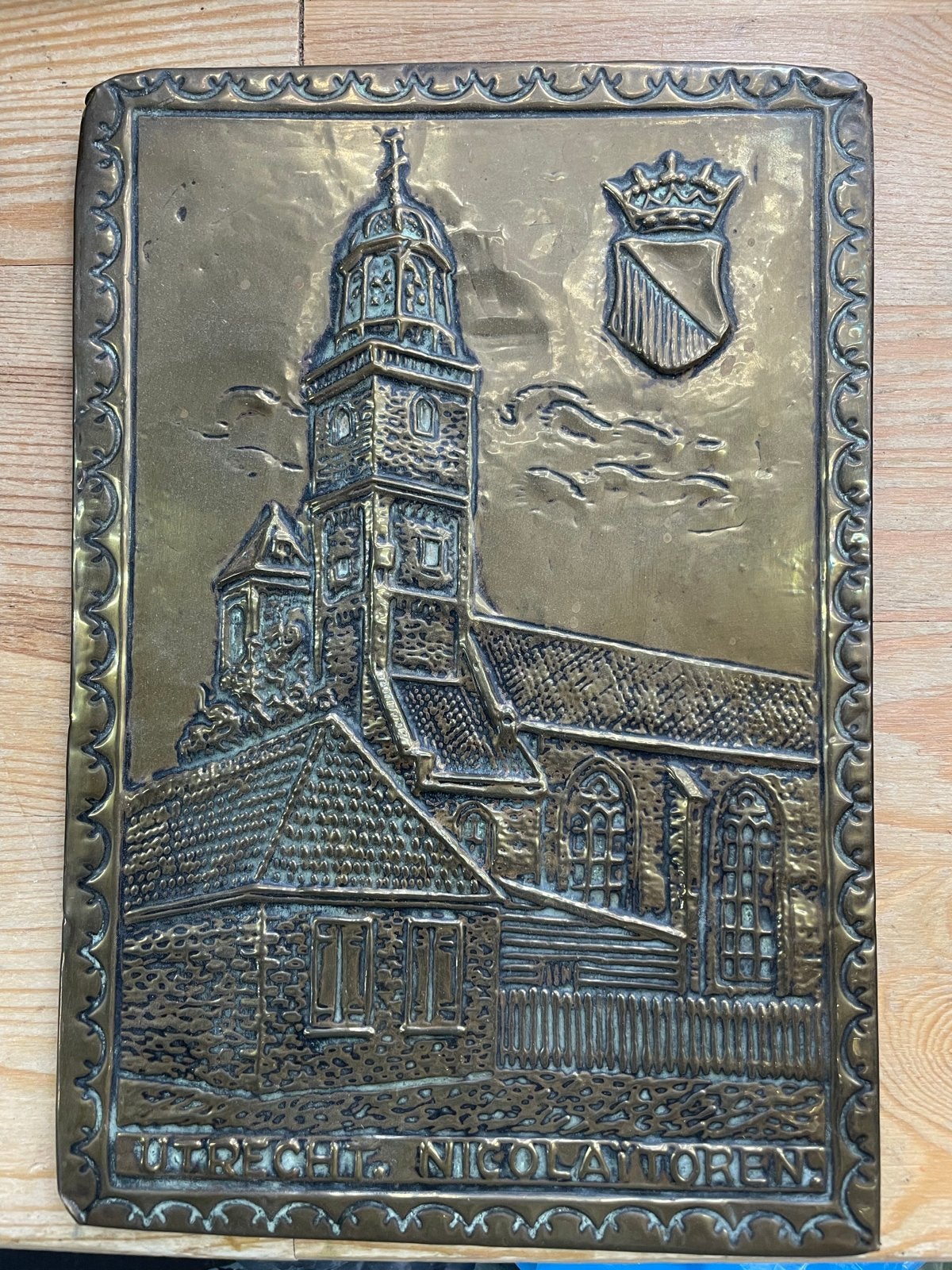 Antiek koperen plaquette Utrecht (wd-30), Antiek en Kunst, Ophalen of Verzenden
