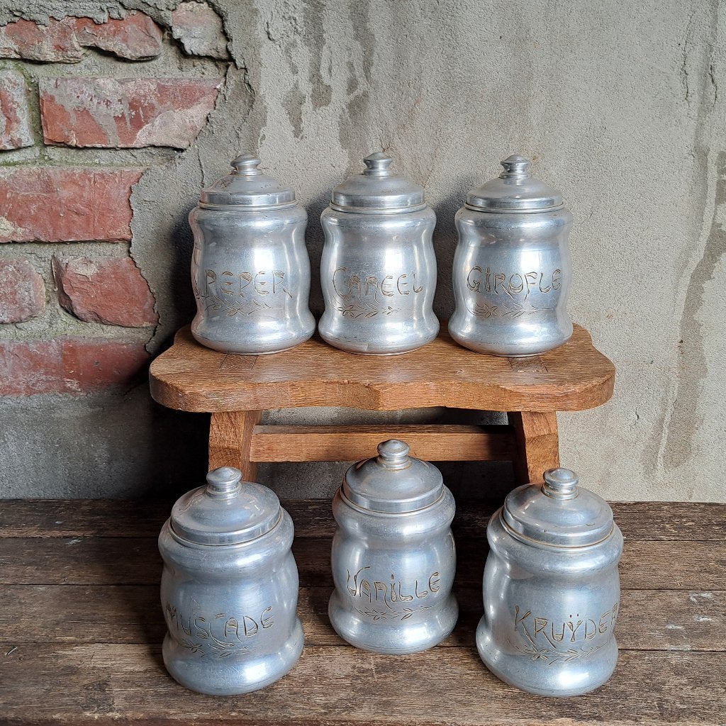 6x Oude aluminium pot + deksel voorraadpot kruidenpot Etage3, Gebruikt, ., Ophalen of Verzenden, .