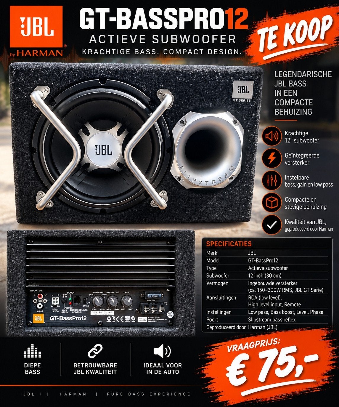 Sub-woofer JBL GT-BASSPRO 2, Auto diversen, Ophalen of Verzenden, Zo goed als nieuw