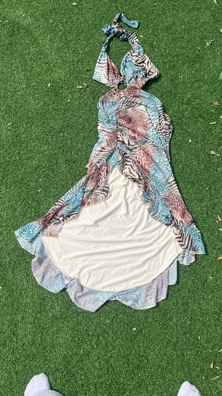 Zomerse halterjurk met dierenprint en open rug, Kleding | Dames, Jurken, Maat 38/40 (M), Meerkleurig, Ophalen of Verzenden, Zo goed als nieuw