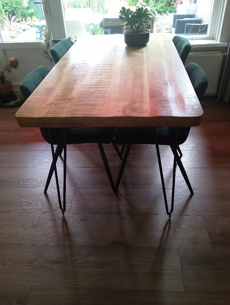 Robuuste houten eettafel met metalen poten 90x180x78, Ophalen, Industrieel, robuust, modern, Gebruikt, Teakhout