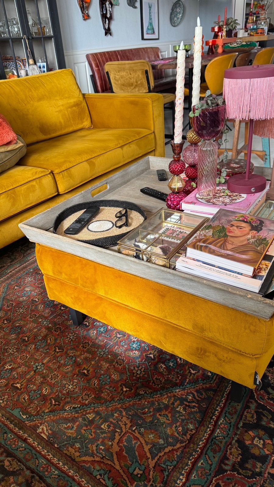Hocker okergeel velours, Ophalen, Zo goed als nieuw, Vierkant, 50 tot 100 cm