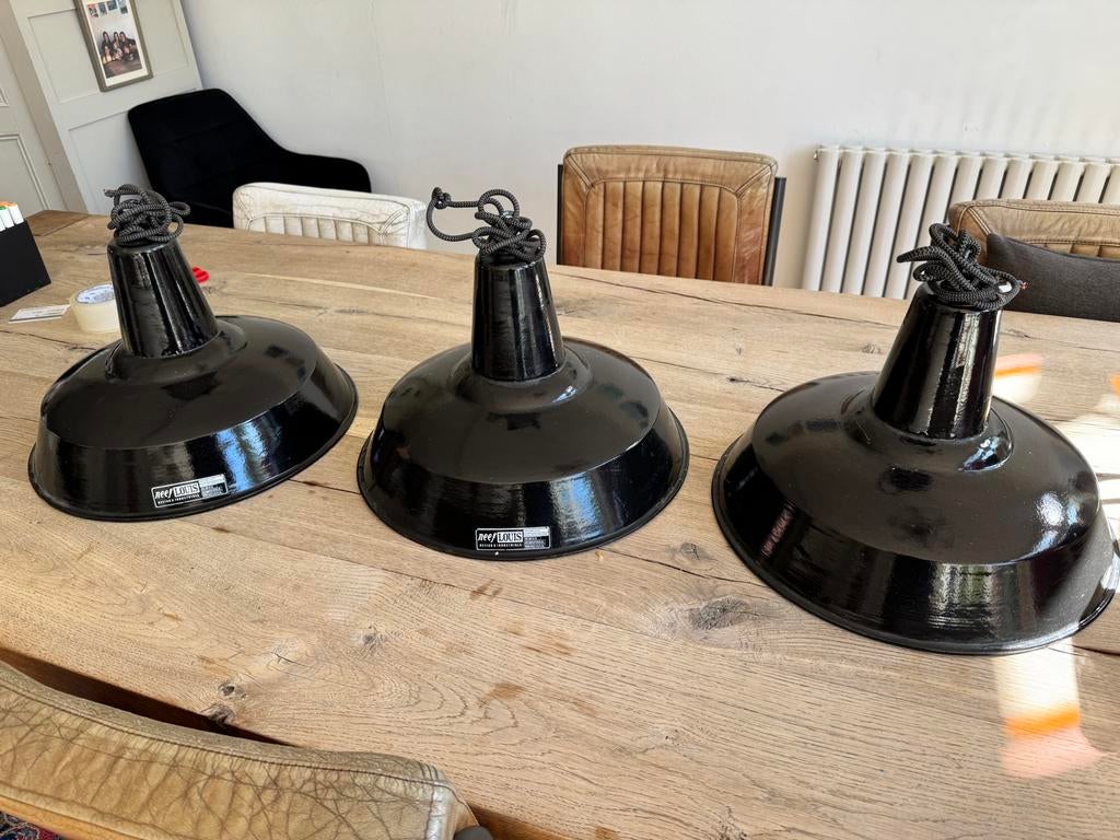 3 Industriële Emaille Fabriekslampen - Zwart, 40cm Ø, Ophalen