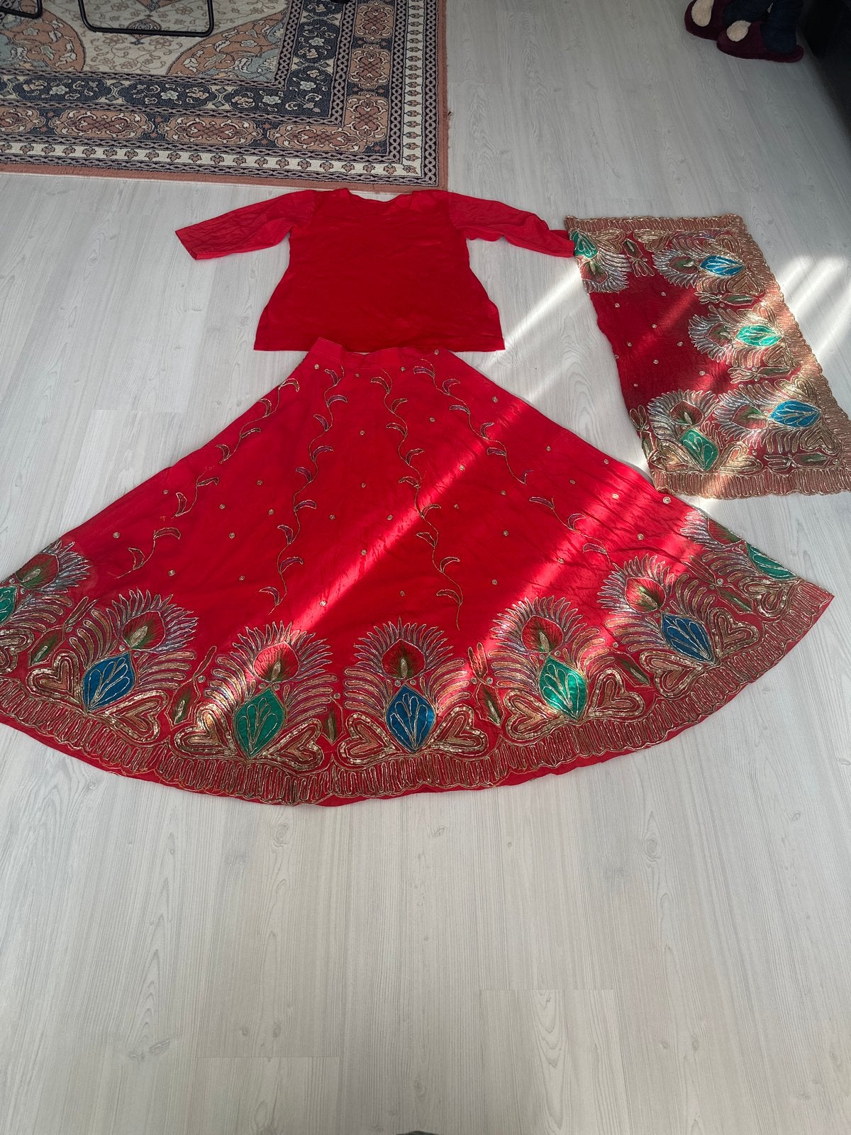 Prachtige rode Indiase Lehenga Choli met borduursels, Nieuw, Ophalen, Maat 38/40 (M), Rood