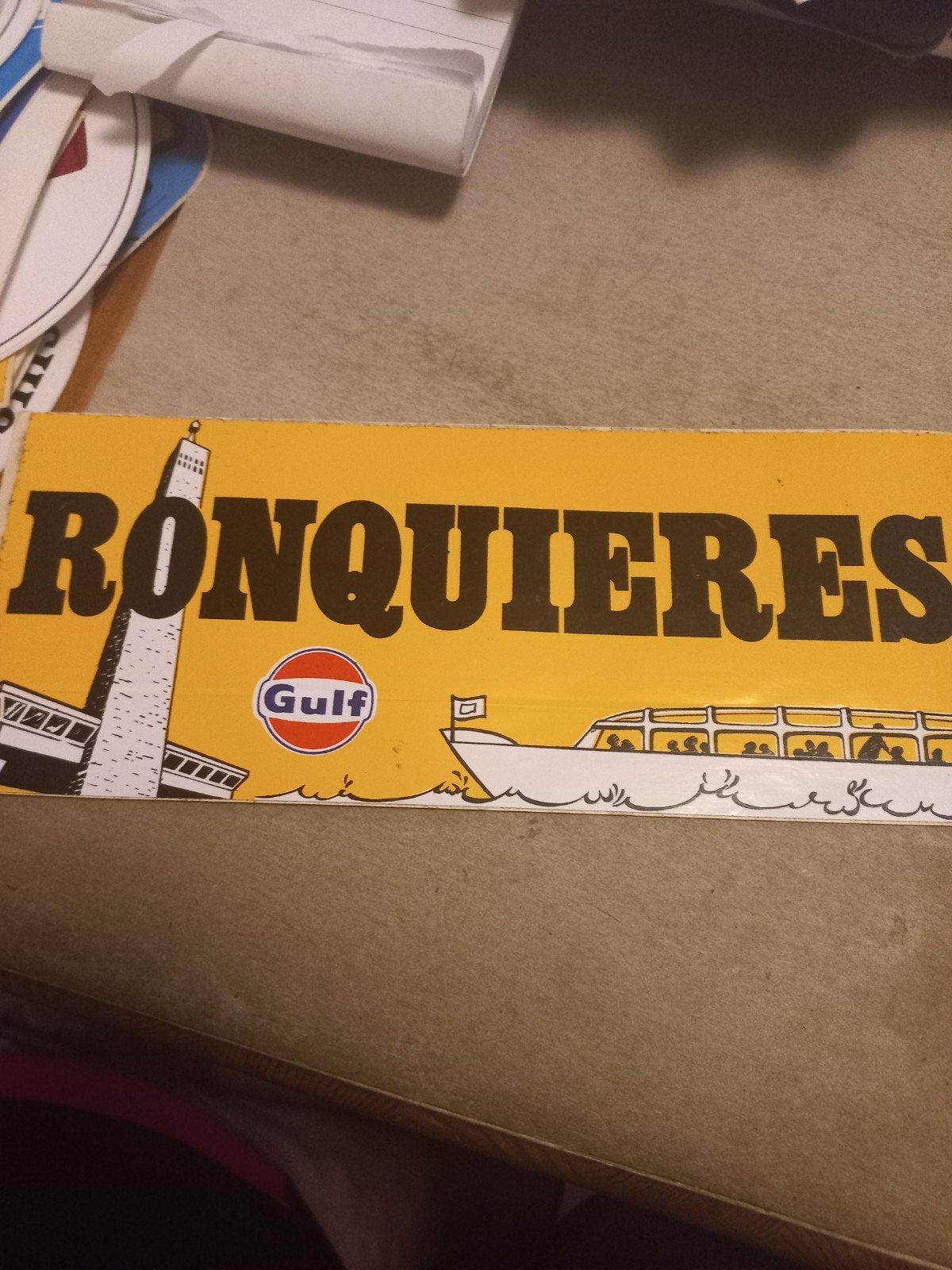 Vintage Ronquieres Gulf reclamesticker, Verzamelen, Stickers, Gebruikt, Ophalen of Verzenden